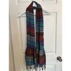 Joy Susan Boho Wrap Scarf Smocked Fringe Zigzag Multicolor Shawl Ruffle Hem